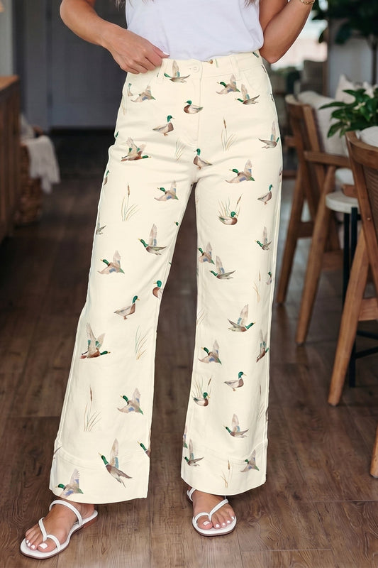 Beige Stylish Mallard Printed Cuffed Hem Shift Jeans - Loving It Shop