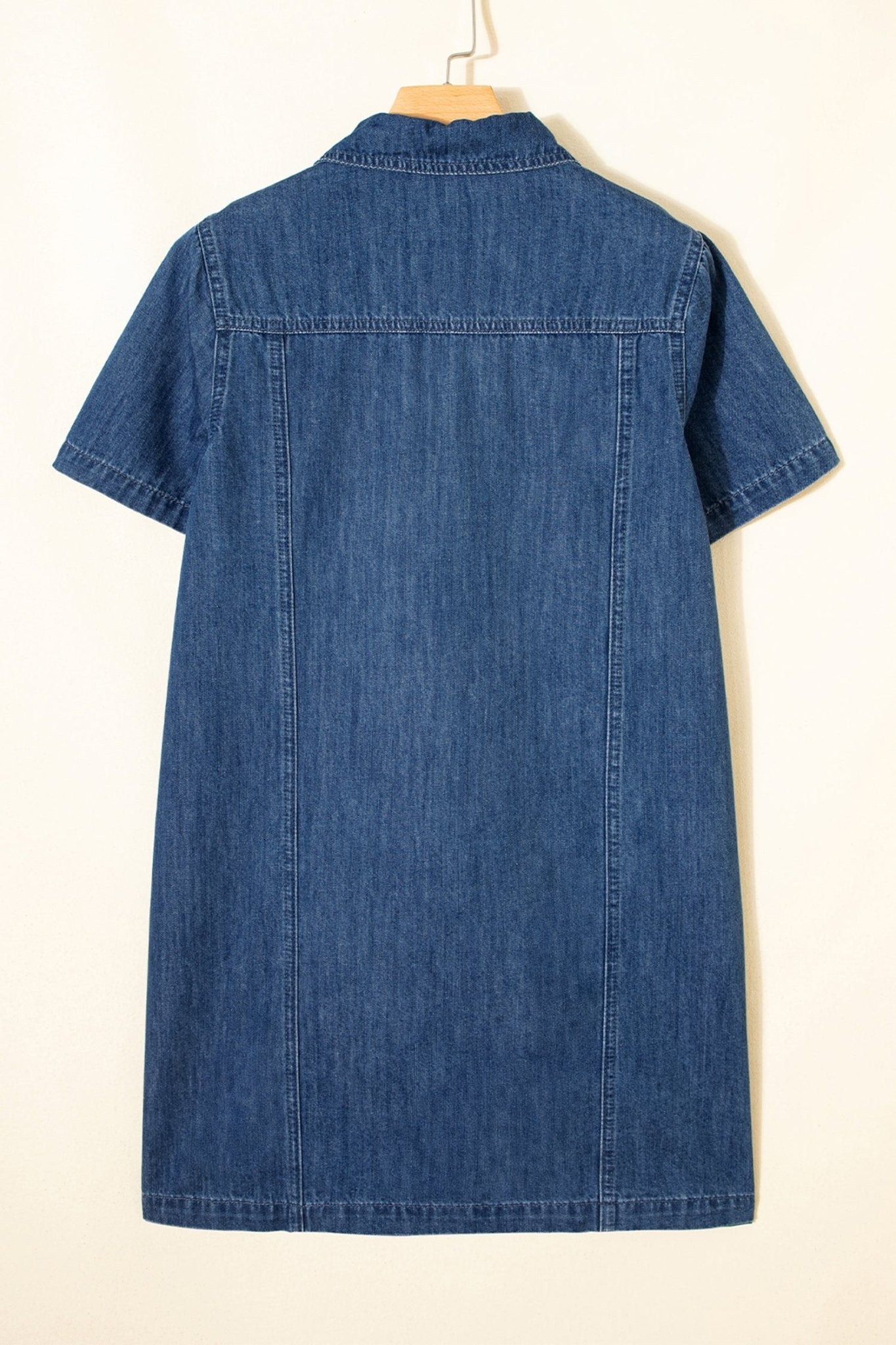 Blue Zip up Collared Short Sleeve Shift Mini Denim Dress - Loving It Shop