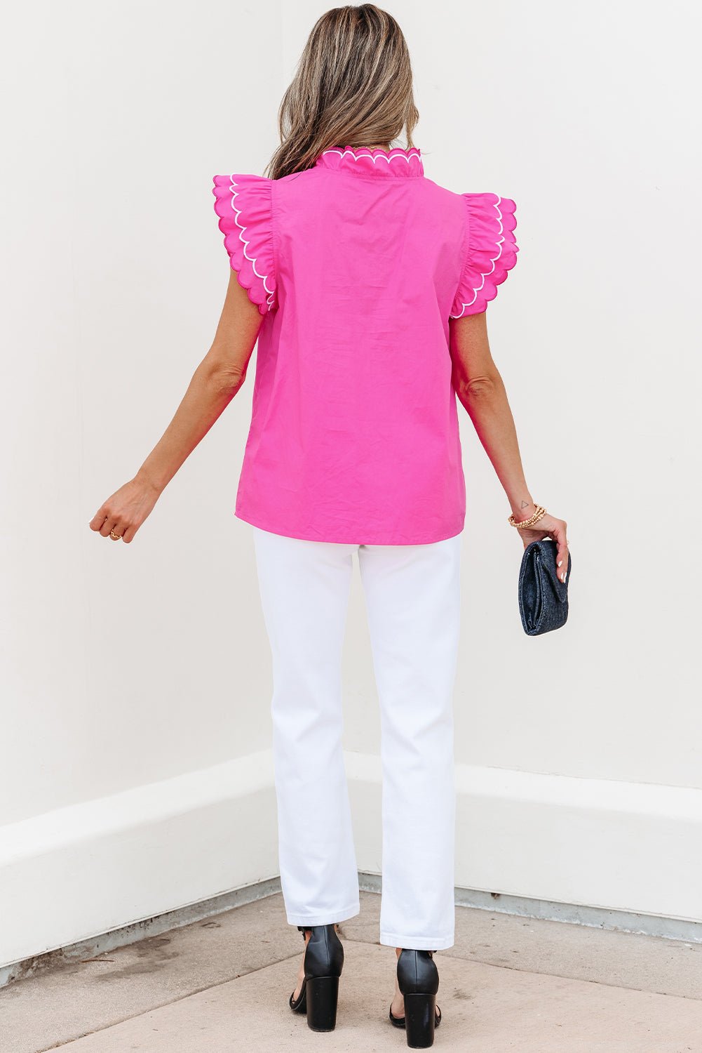 Bright Pink Contrast Scallop Trim Layered Short Sleeve V Neck Blouse - Loving It Shop