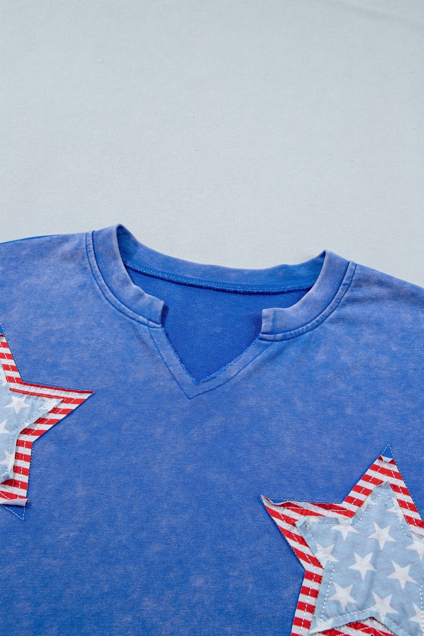 Sky Blue Patriot Star Patched Notched Neck Mineral Washed Tee - Loving It Shop