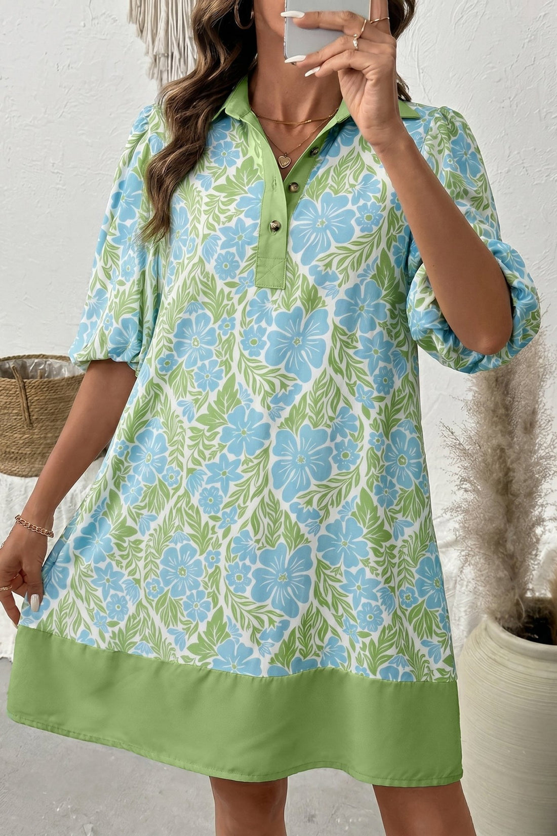 Sky Blue Floral Print Color Block Patchwork Shirt Collar Half Sleeve Mini Dress - Loving It Shop
