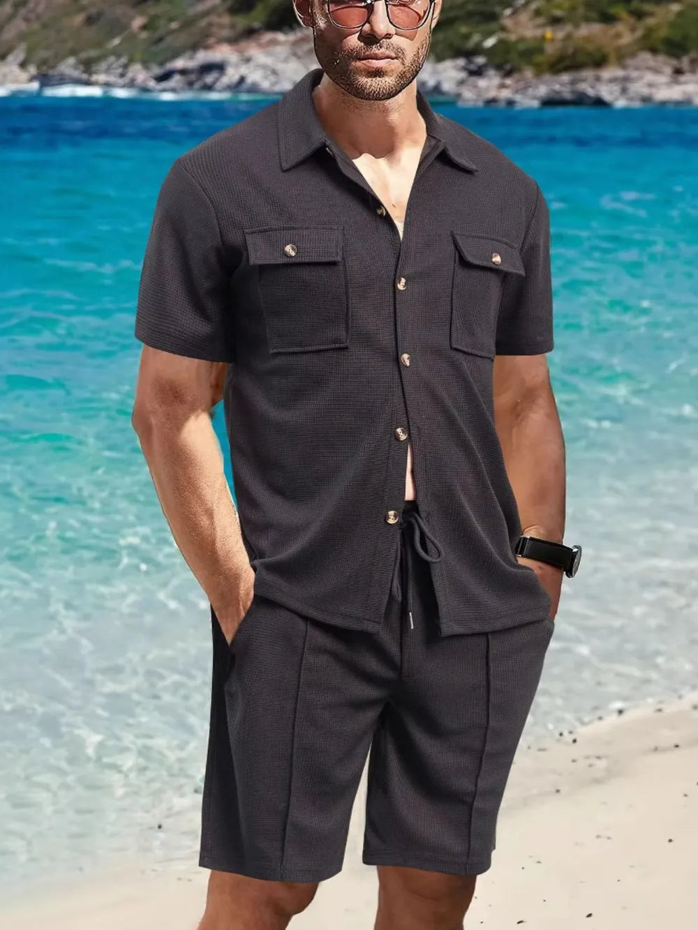 Men's Full Size Button Down Short Sleeve Top and Shorts Set Plus Size