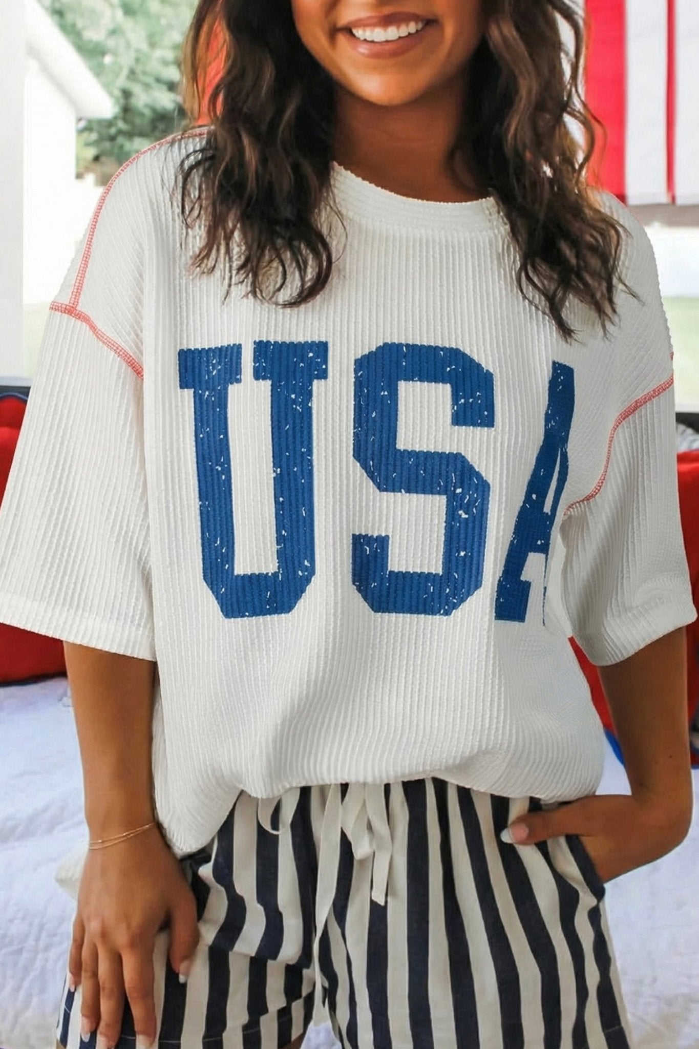 White USA Graphic Half Sleeve Loose Ribbed Top - Loving It Shop