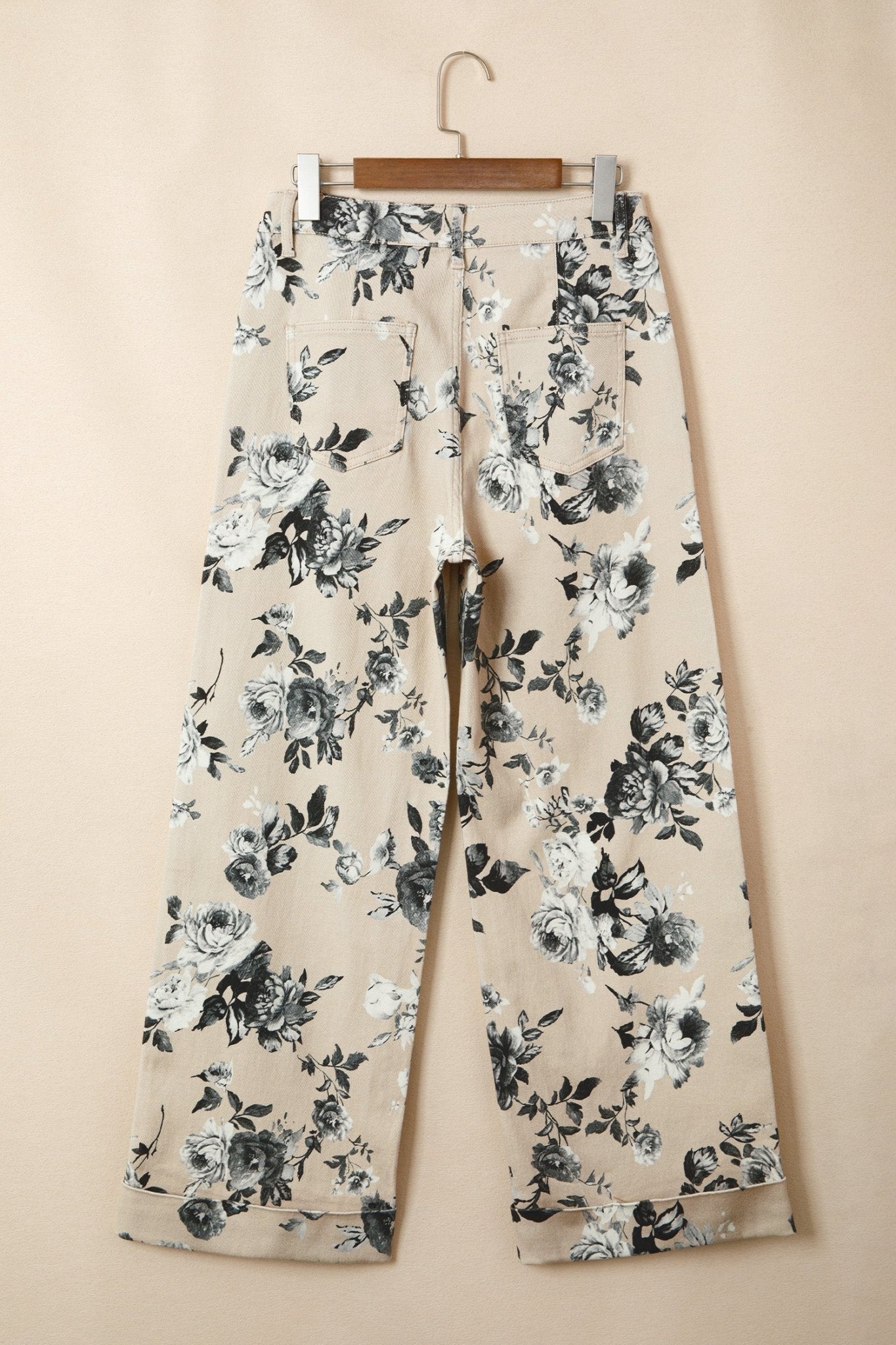 Beige Retro Floral Print Turn - up Cuffed Hem Loose Jeans - Loving It Shop