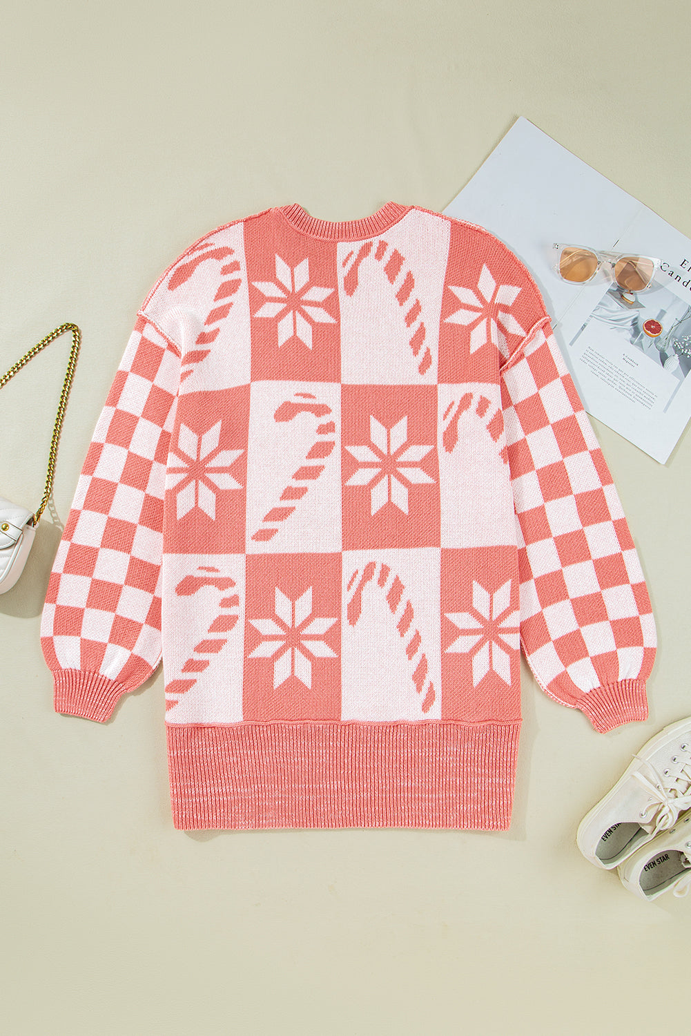 Pink Candycane Snowflake Checker Christmas Holiday Drop Shoulder Tunic Loose Sweater