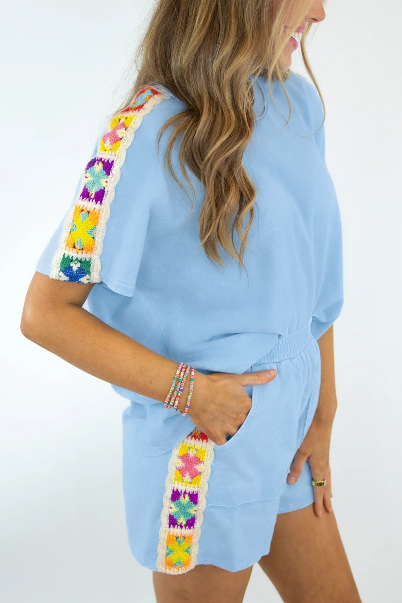 Mist Blue Granny Square Crochet Detail Short 2pcs Set - Loving It Shop