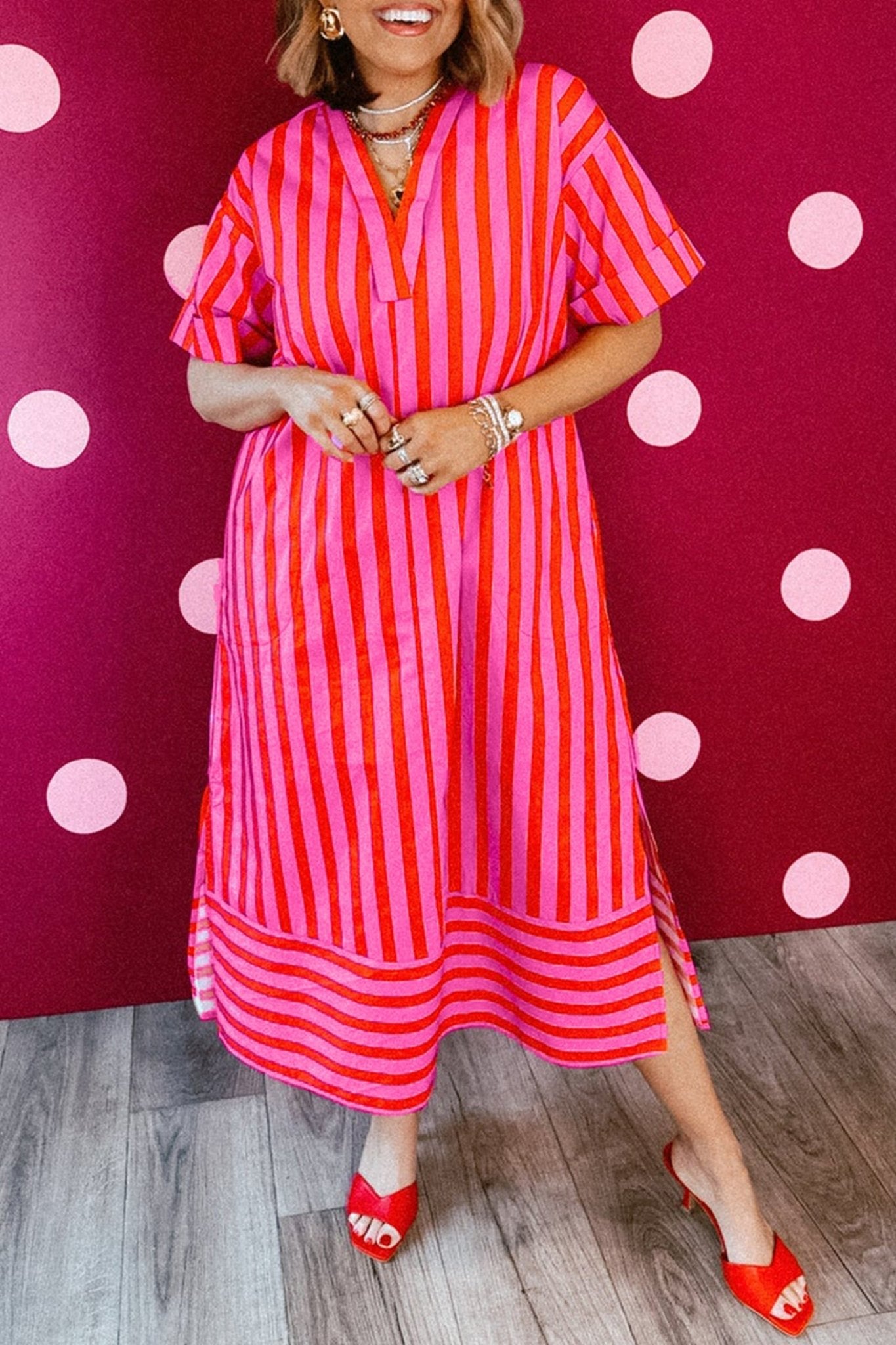 Red Stripe V Neck Cuffed Sleeve Relaxed Split Midi Dress - Loving It Shop