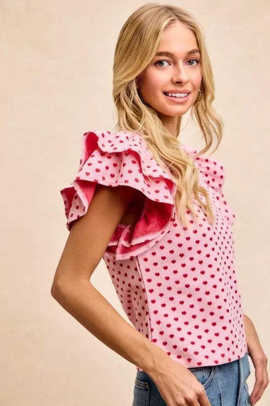 Heart Patterned Knit Ruffled Sleeves Top