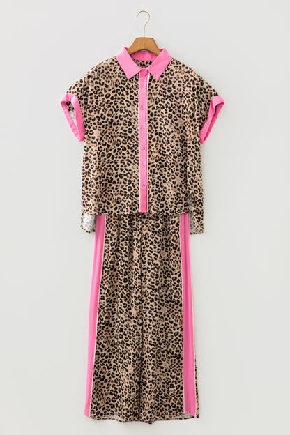 Brown Contrast Trim Leopard Top and Pant Set