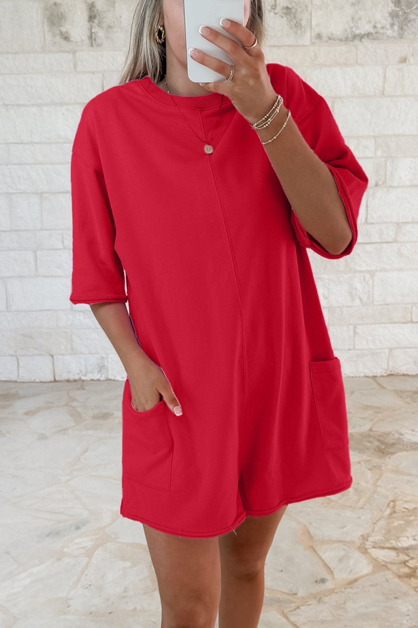 Fiery Red Solid Color Raw Edge Half Sleeve Pocketed Loose Romper - Loving It Shop