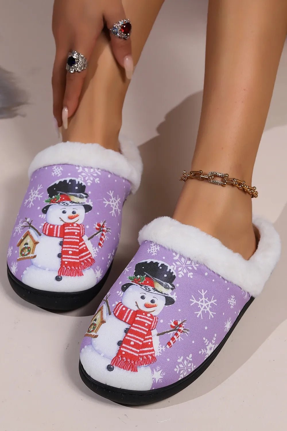 Snowman Round Toe Faux Fur Slippers - Loving It Shop
