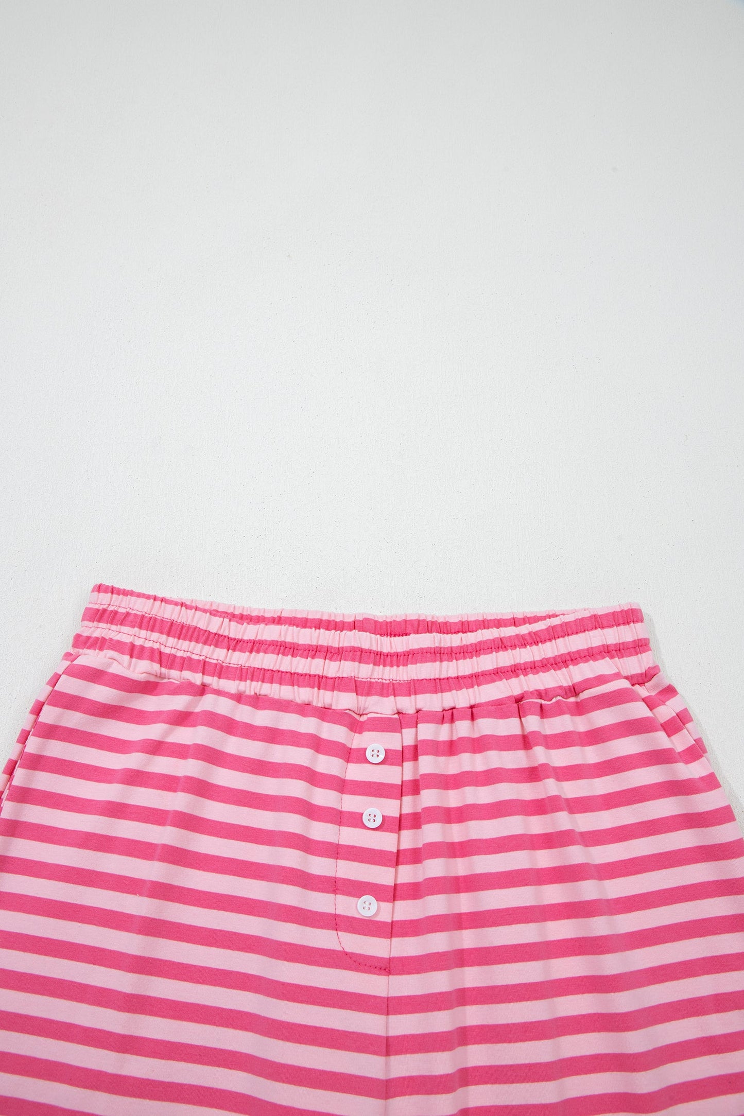 Rose Stripe Drop Shoulder Round Neck Top and Buttoned Straight Pants Two Piece Set