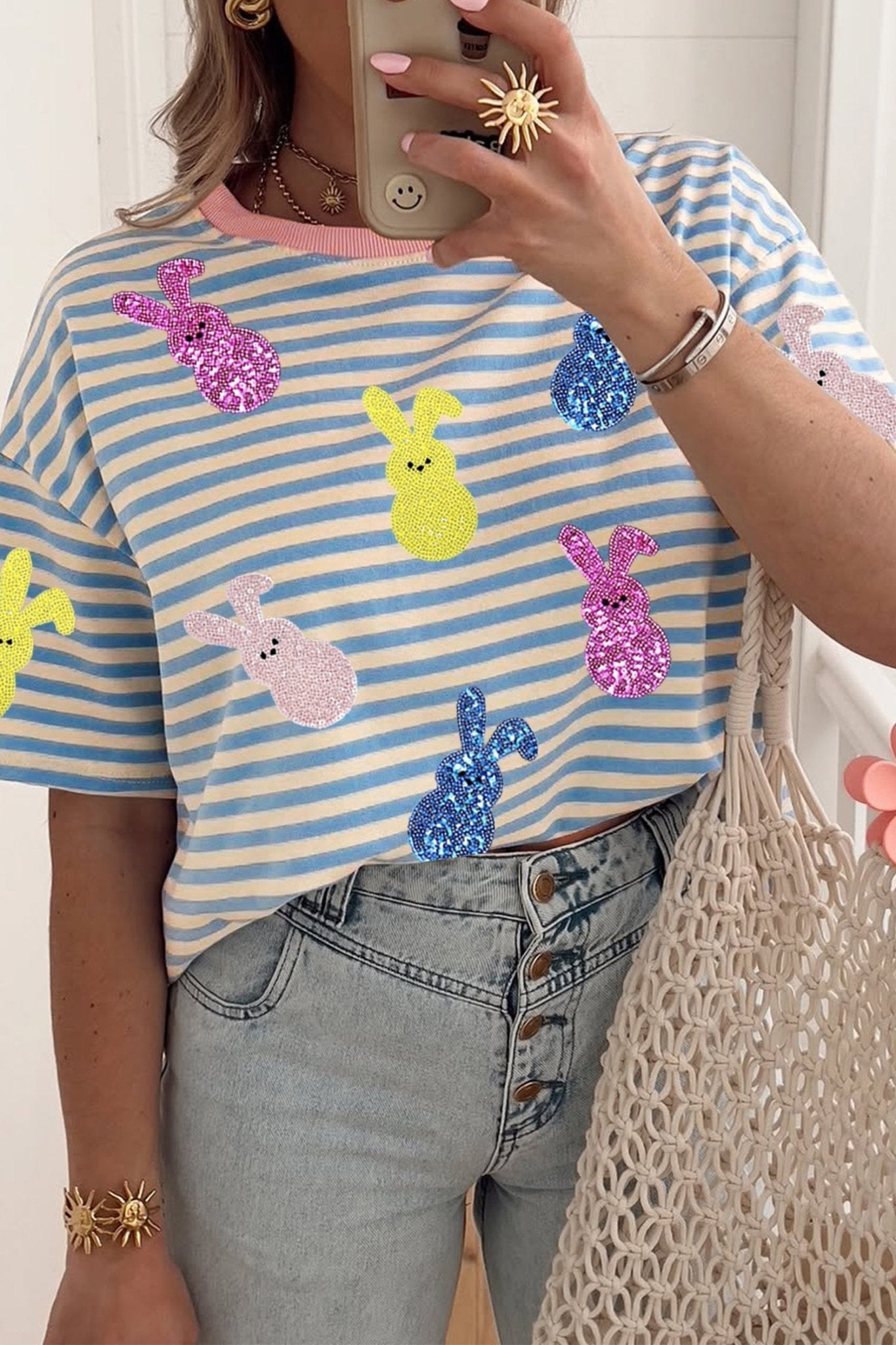 Sky Blue Stripe Sequin Easter Bunny Patched Drop Shoulder Tee - Loving It Shop