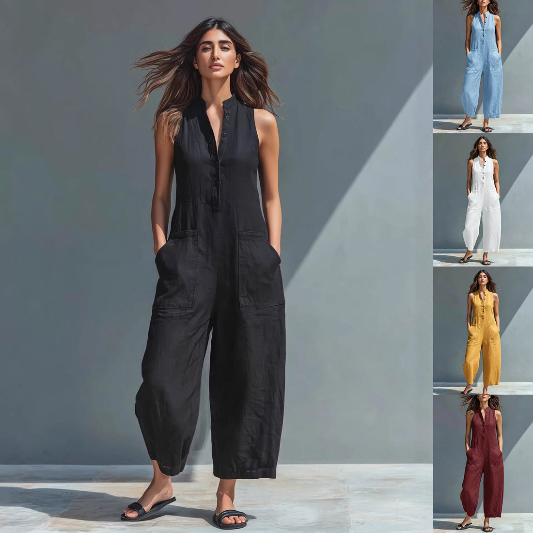 Summer Sleeveless Jumpsuit With Pockets Fashion Casual V-Neck Buttons Trousers Women&