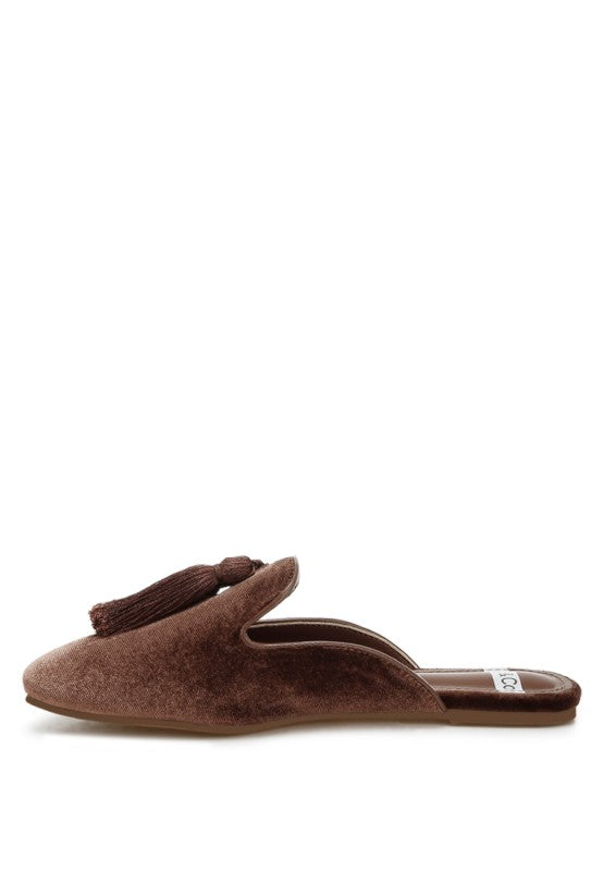 Cardinal Tassel Detail Velvet Mules