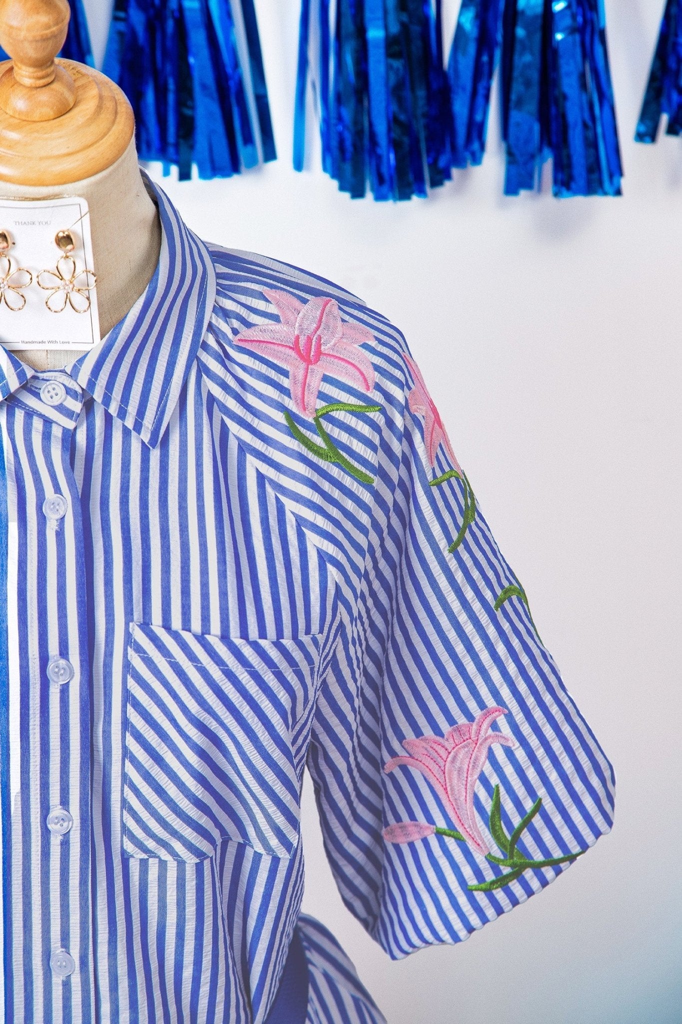 Sky Blue Stripe Lily Floral Embroidered Puff Sleeve Button Down Shirt - Loving It Shop