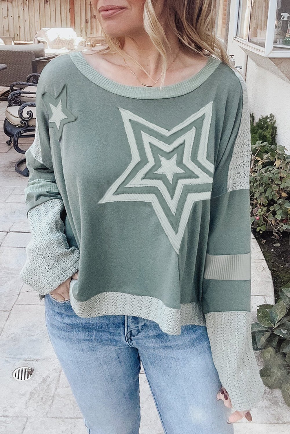 Mist Green Stars Patchwork Round Neck Plus Size T Shirt - Loving It Shop