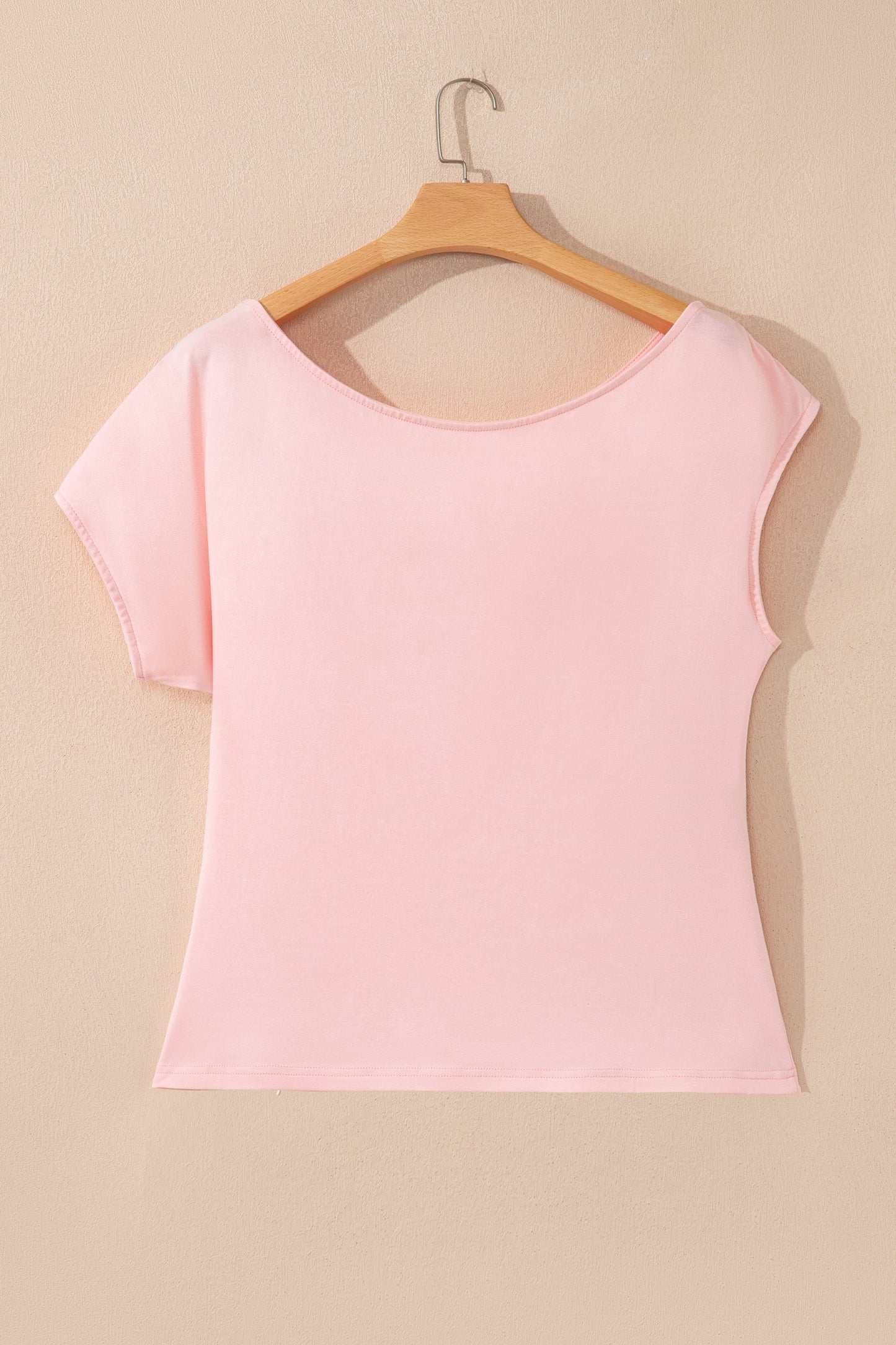 Gossamer Pink Plus Size Solid Color Asymmetric Neck Short Sleeve Blouse