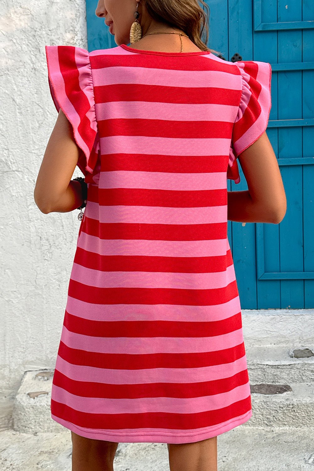 Red Stripe Flutter Sleeve Round Neck Shift Dress - Loving It Shop