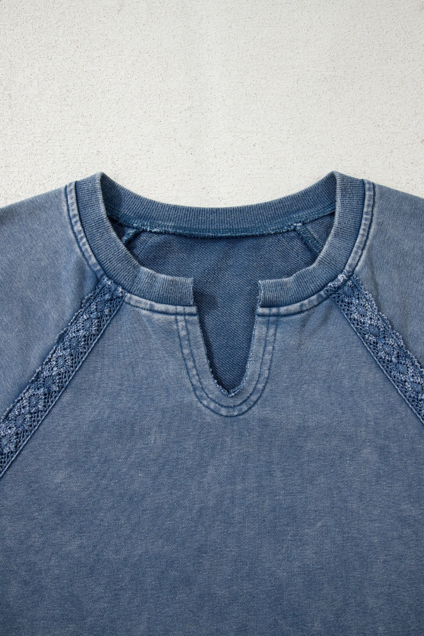 Sail Blue Lace Patchwork Detail Notched Neck Mineral Wash Baggy Sweatshirt