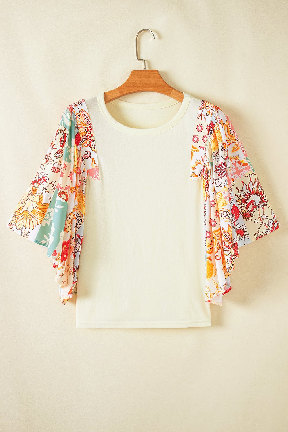 Beige Floral Patchwork Half Batwing Sleeve Blouse - Loving It Shop