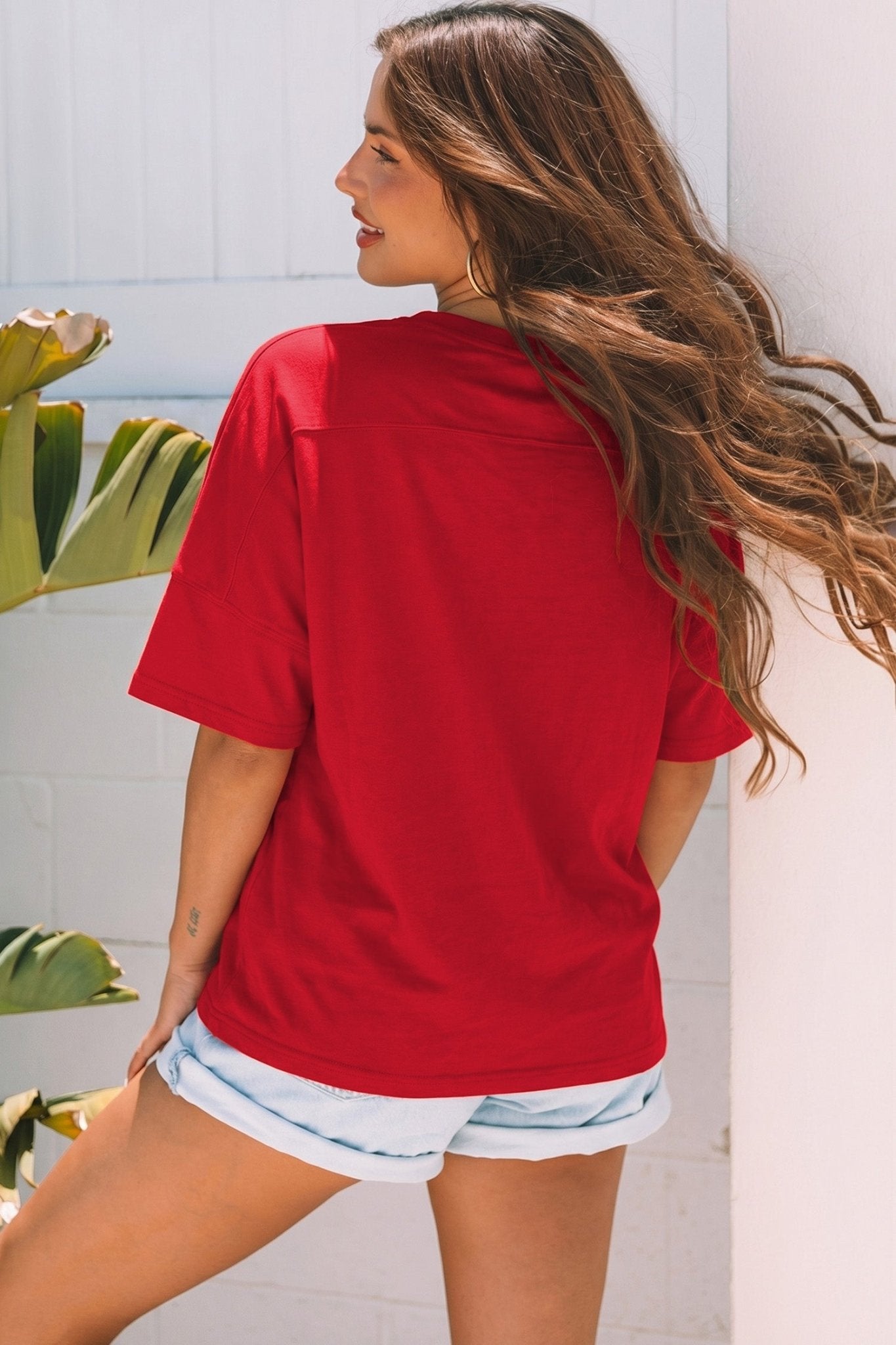 Fiery Red Patriotic USA Slogan Patch Embroidery Short Sleeve T Shirt - Loving It Shop