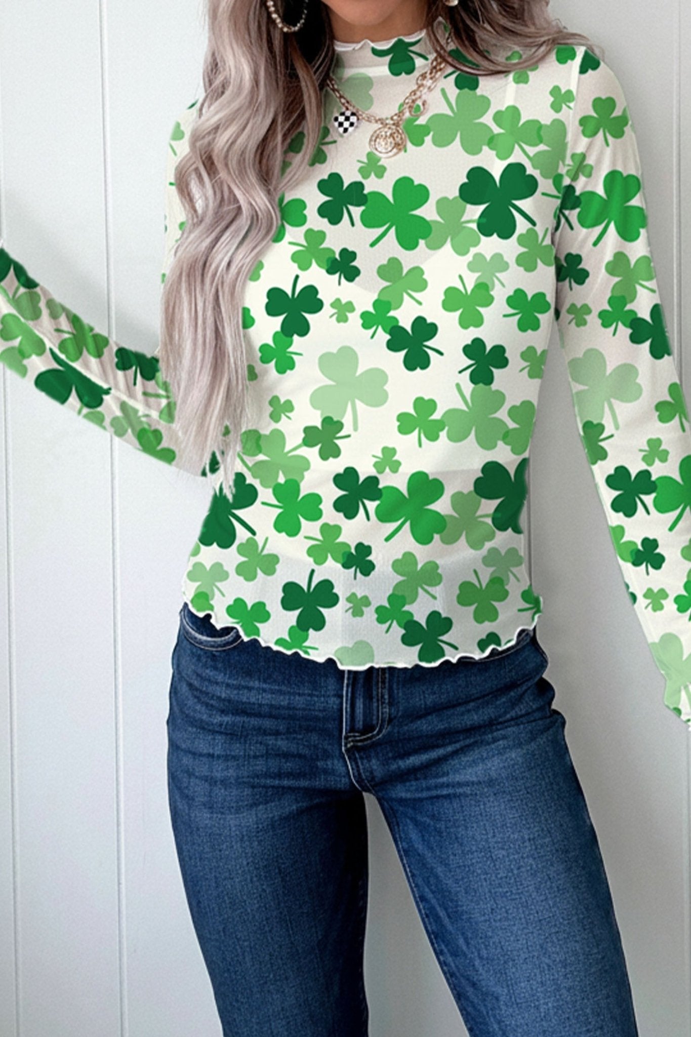 Green Lucky Shamrock Lettuce Trim High Neck Mesh Long Sleeve Top - Loving It Shop