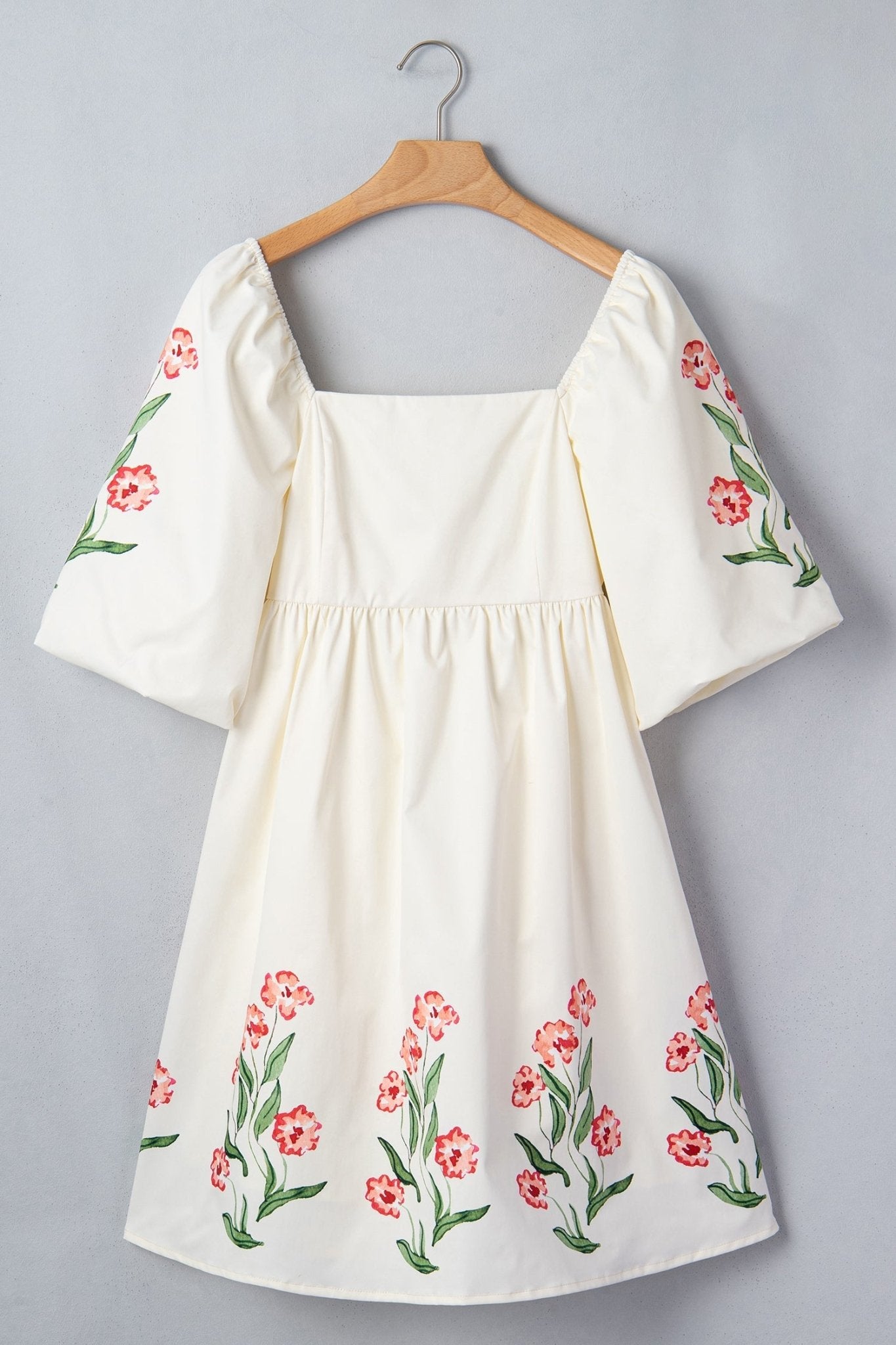 Beige Floral Print Puff Sleeve Babydoll Dress - Loving It Shop