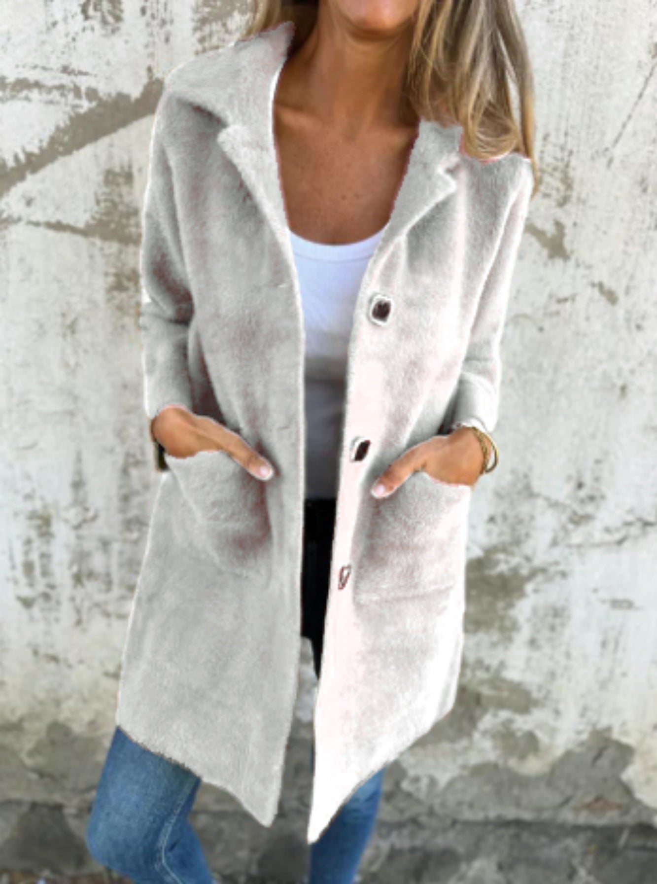 Single-breasted Polo Collar Pocket Mid-length Coat