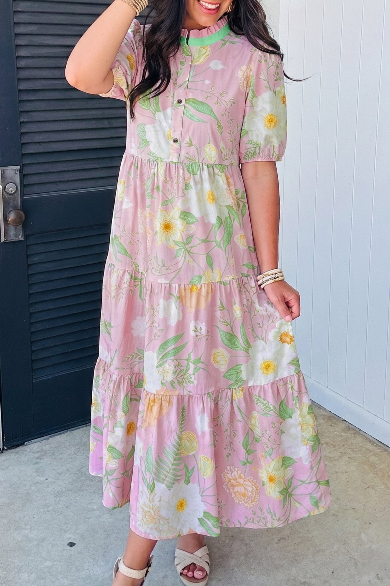 Pink Floral Print Short Puff Sleeve High Waist Tiered Maxi Dress - Loving It Shop