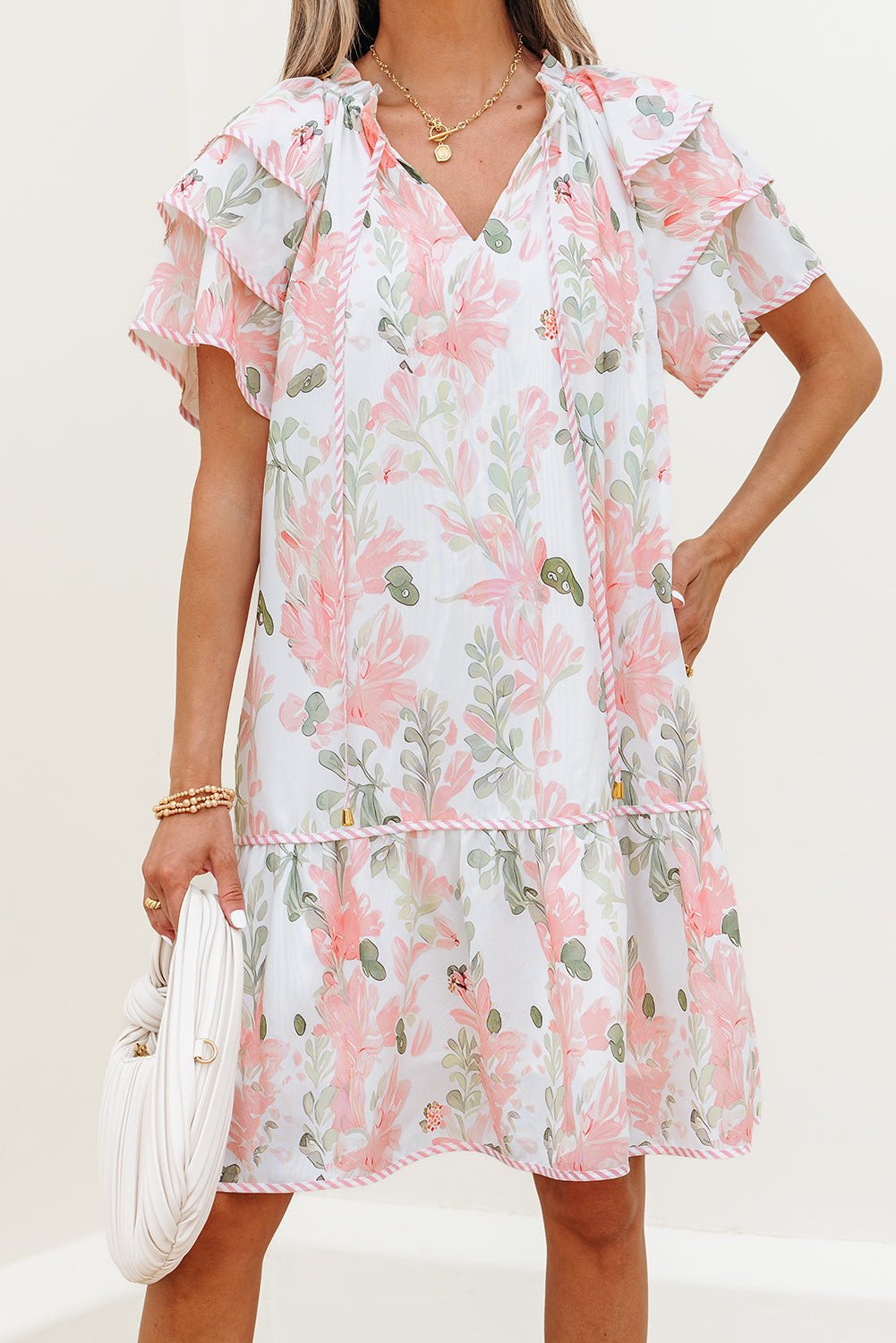 Pink Floral Contrast Edge Layered Short Sleeve Mini Dress - Loving It Shop