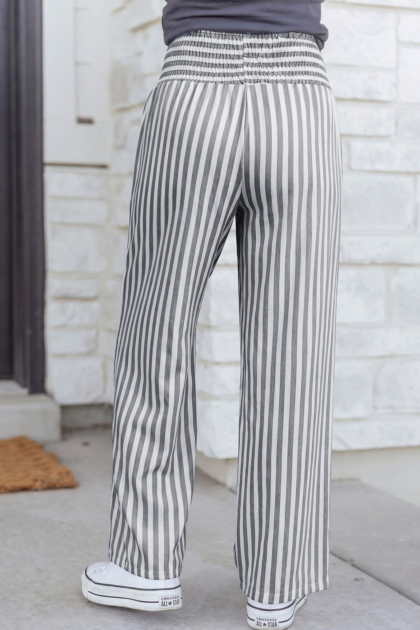 Black Stripe Shirred High Waist Loose Summer Pants - Loving It Shop