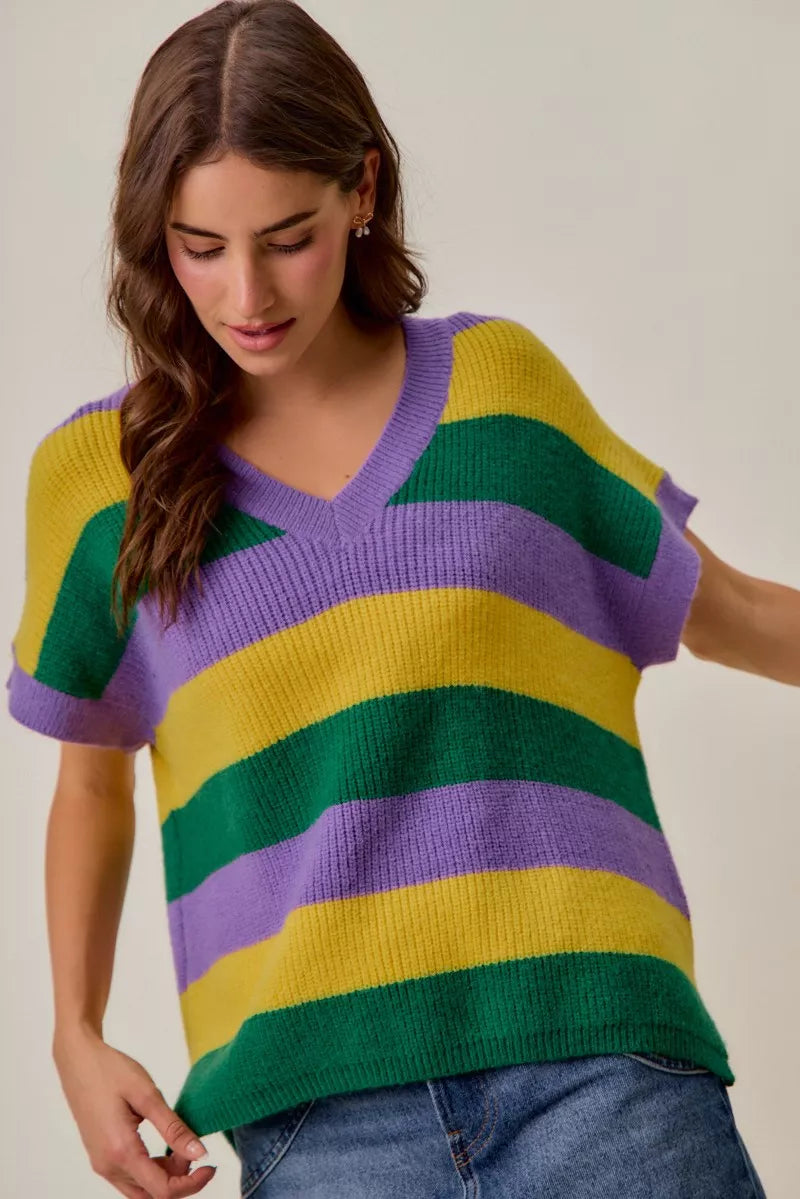 Mardi Gras Loose Fit V Neck Stripe Sweater Top