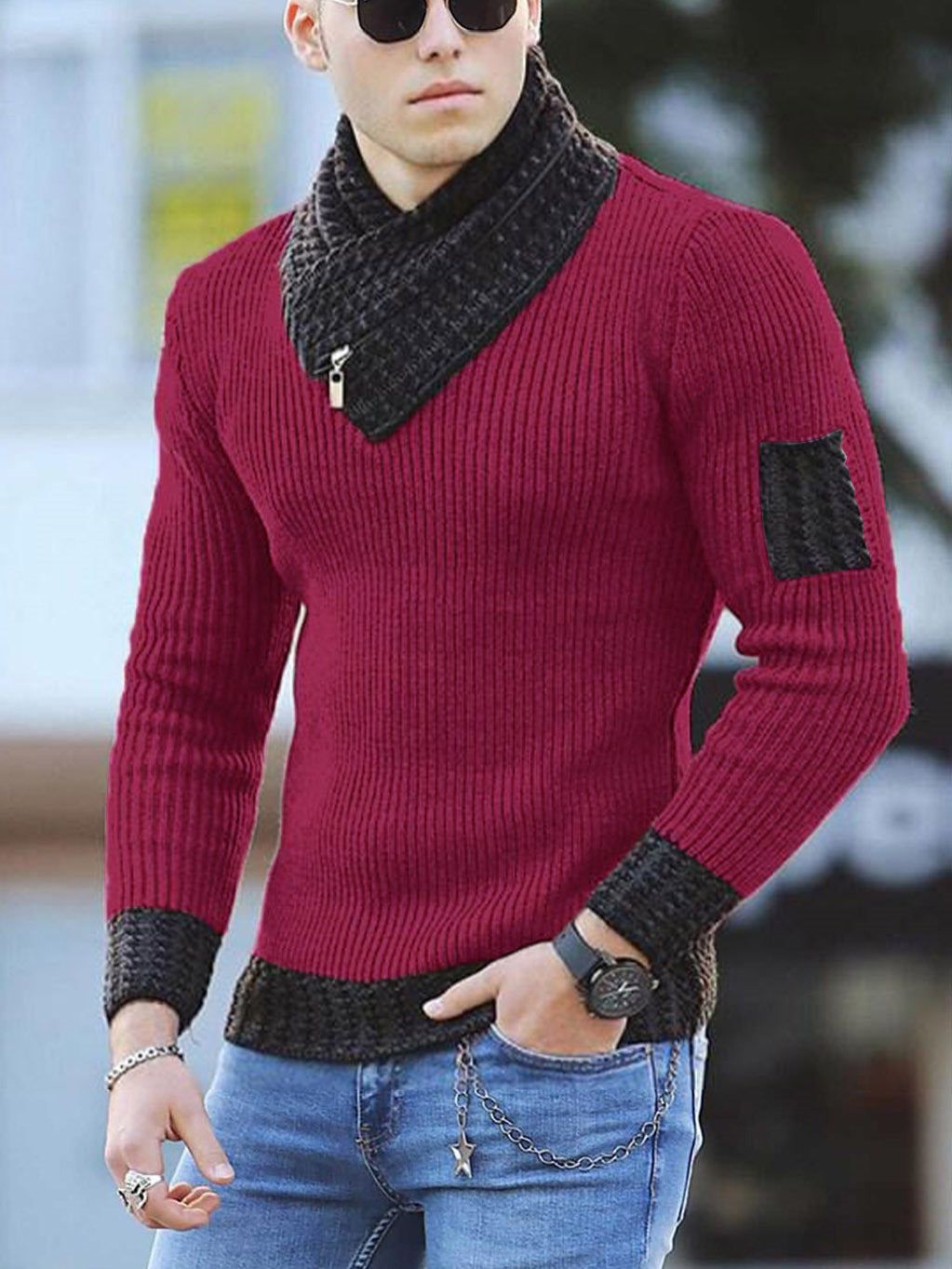 Independent Station Casual Slim Knit Pullover Long-sleeved Scarf Collar Sweater Men&