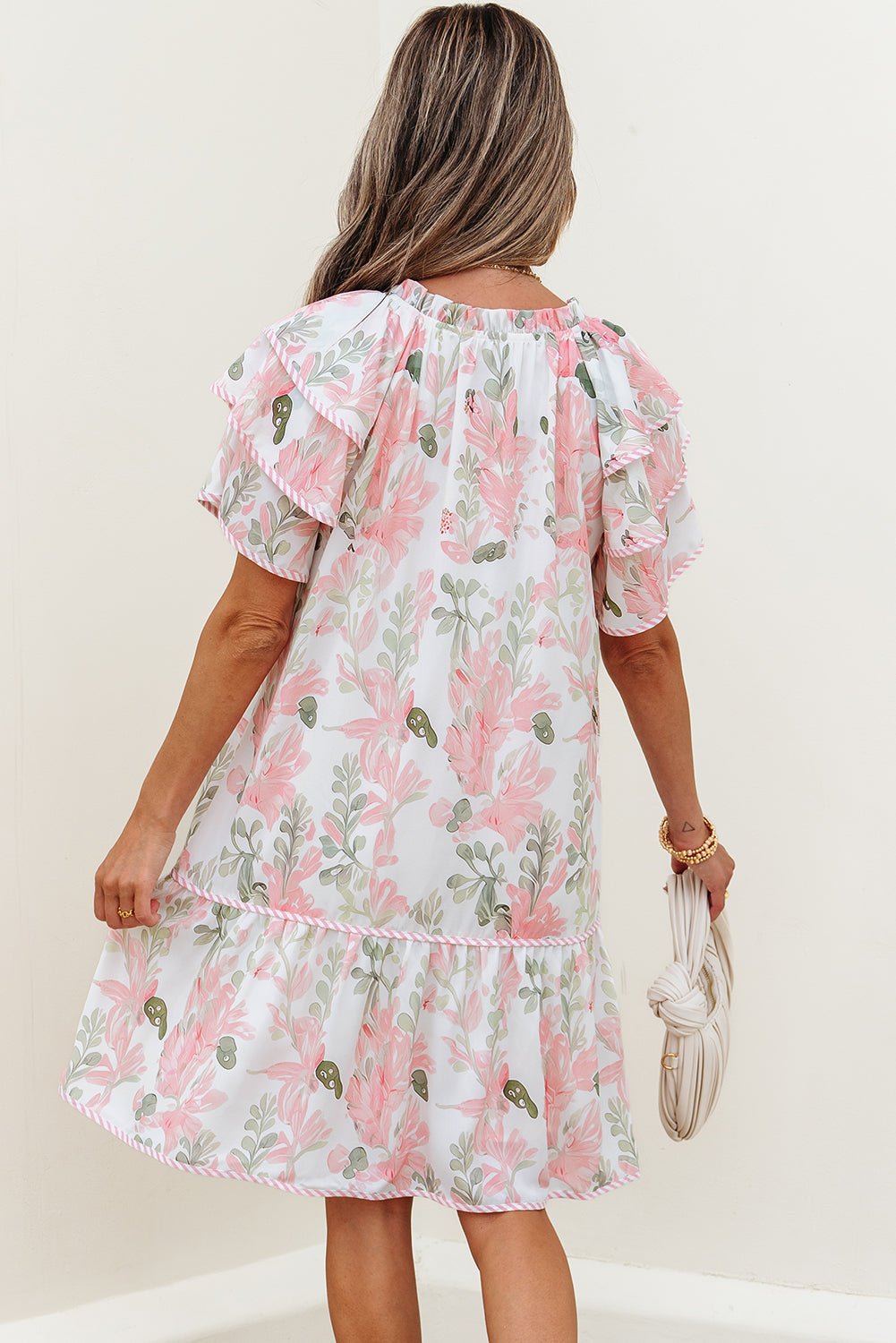 Pink Floral Contrast Edge Layered Short Sleeve Mini Dress - Loving It Shop