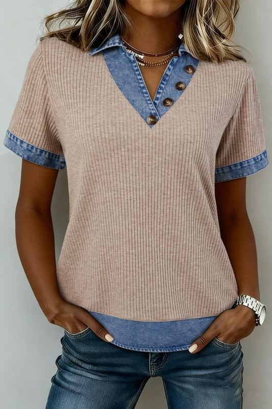 Beige Ribbed Knit Denim Color Block Patchwork Button Detail Collared Blouse - Loving It Shop