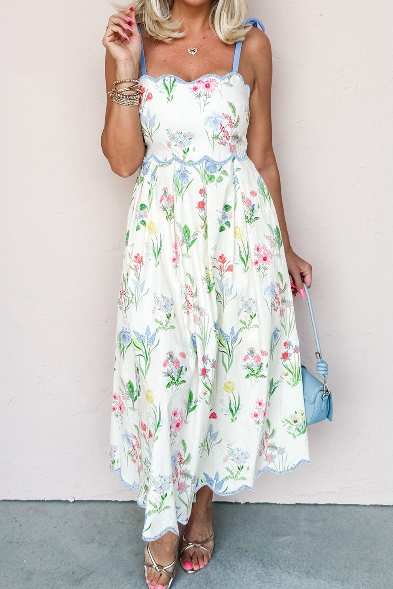 Beige Floral Print Contrast Trim Self - tie Straps High Waist Midi Dress - Loving It Shop