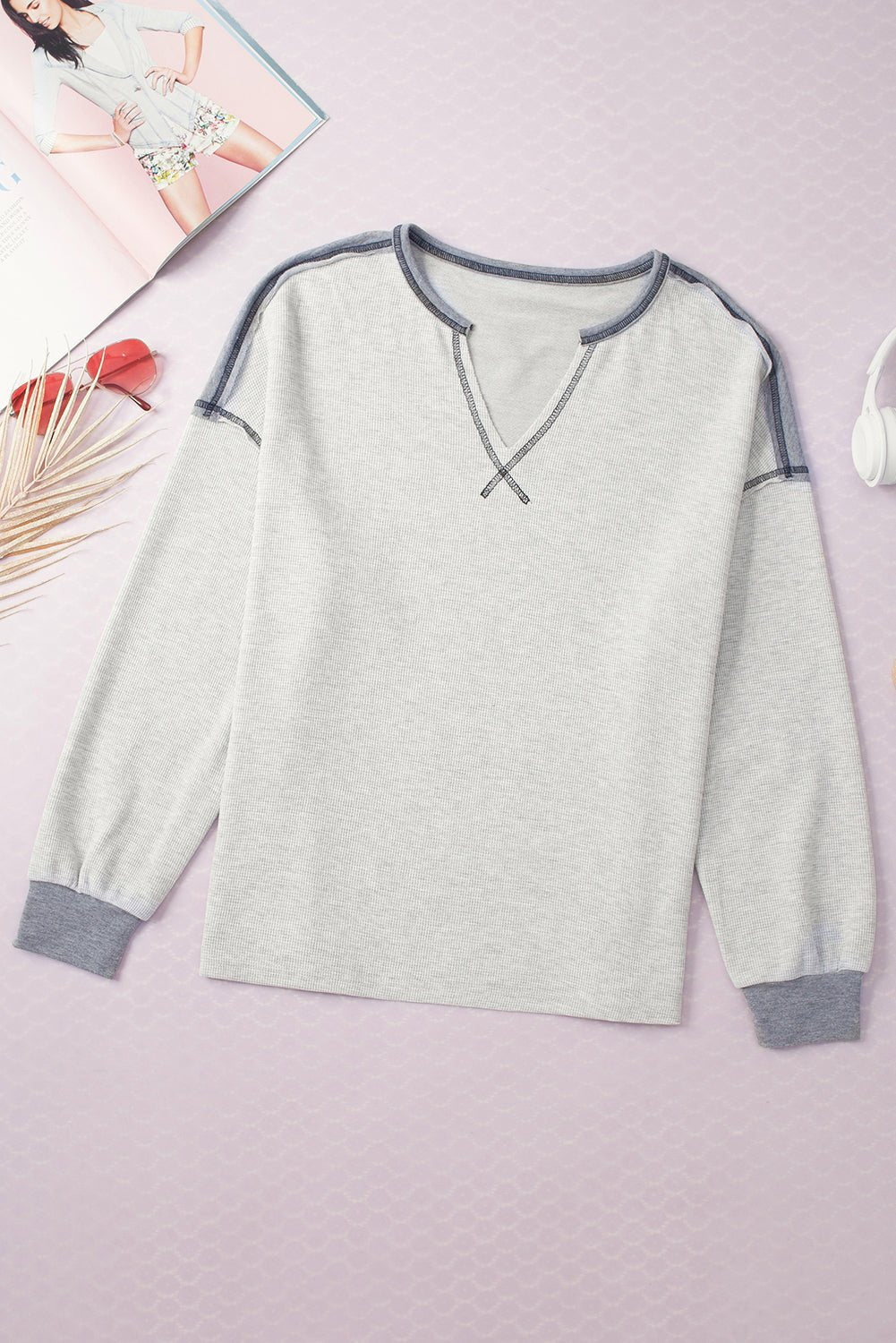 Gray Exposed Seam Ribbed Patchwork V Neck Sweatshirt - Loving It Shop