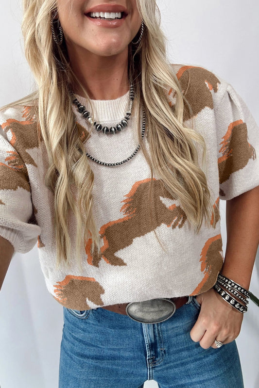 White Western Horse Printed Short Puff Sleeve Sweater - Loving It Shop