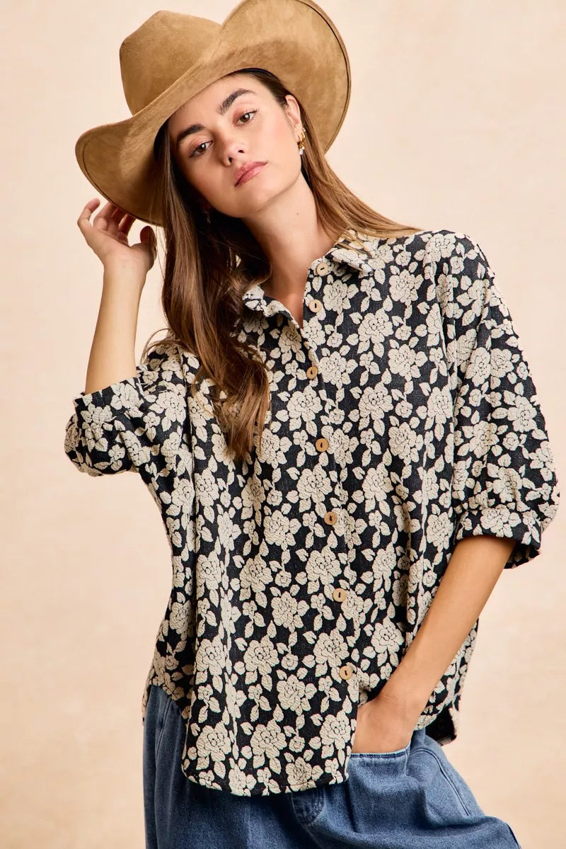 Floral Jacquard Short Dolman Sleeves Shirt