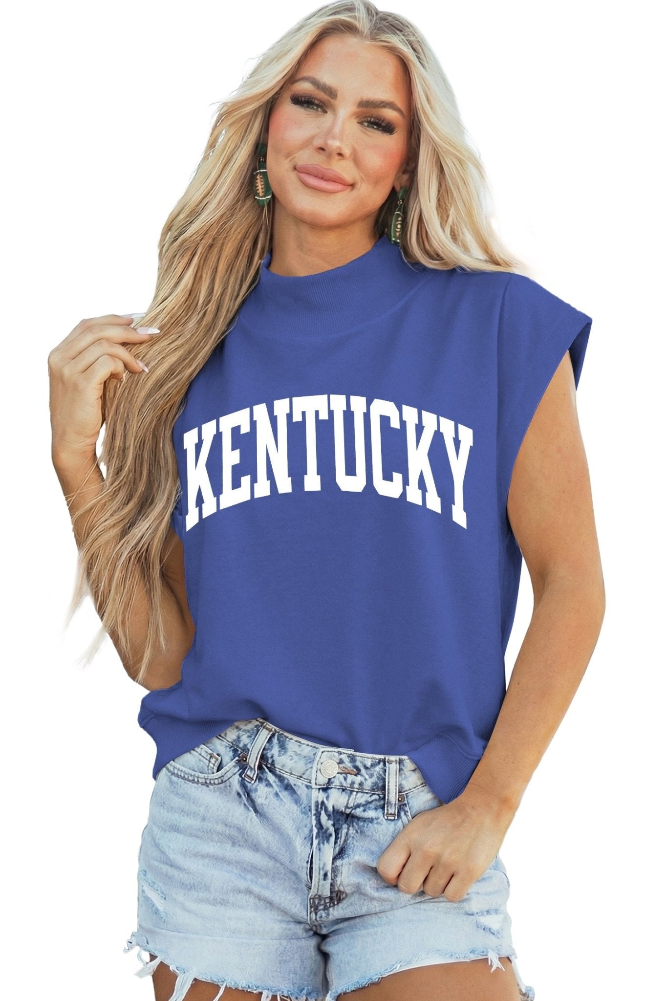 Sky Blue KENTUCKY Leopard KY Double Side Printed Mock Neck Tee - Loving It Shop