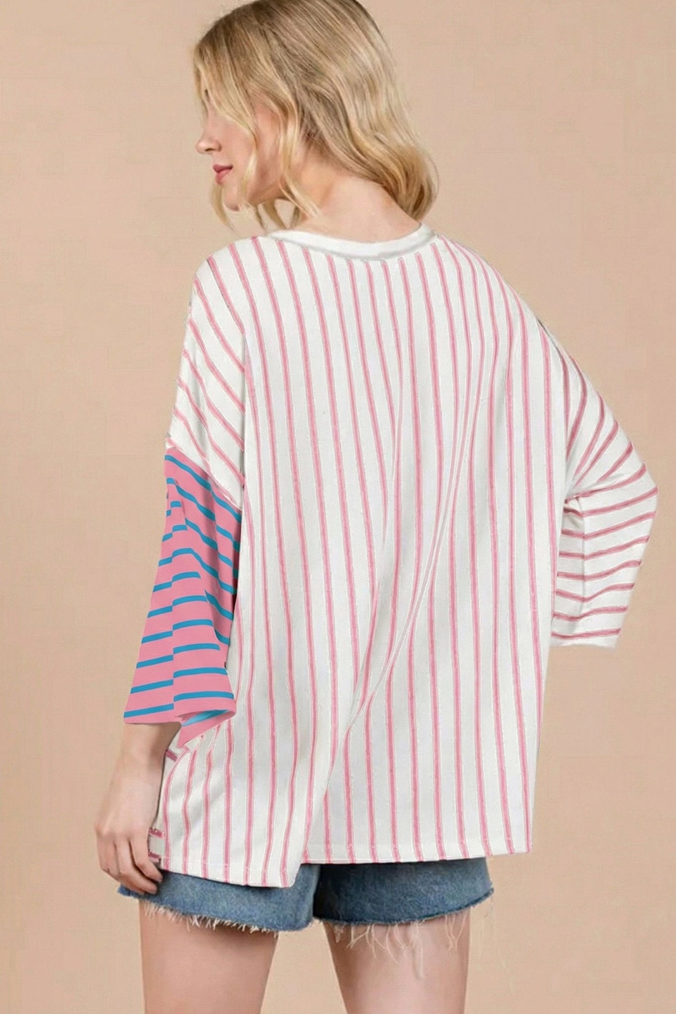 Pink Stripe Colorblock 3/4 Sleeve Loose T Shirt - Loving It Shop