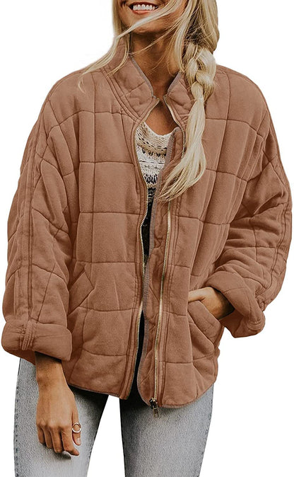Winter Zip-up Stand Collar Coat With Pockets Fashion Solid Color Plaid Long Sleeved Jacket Women&