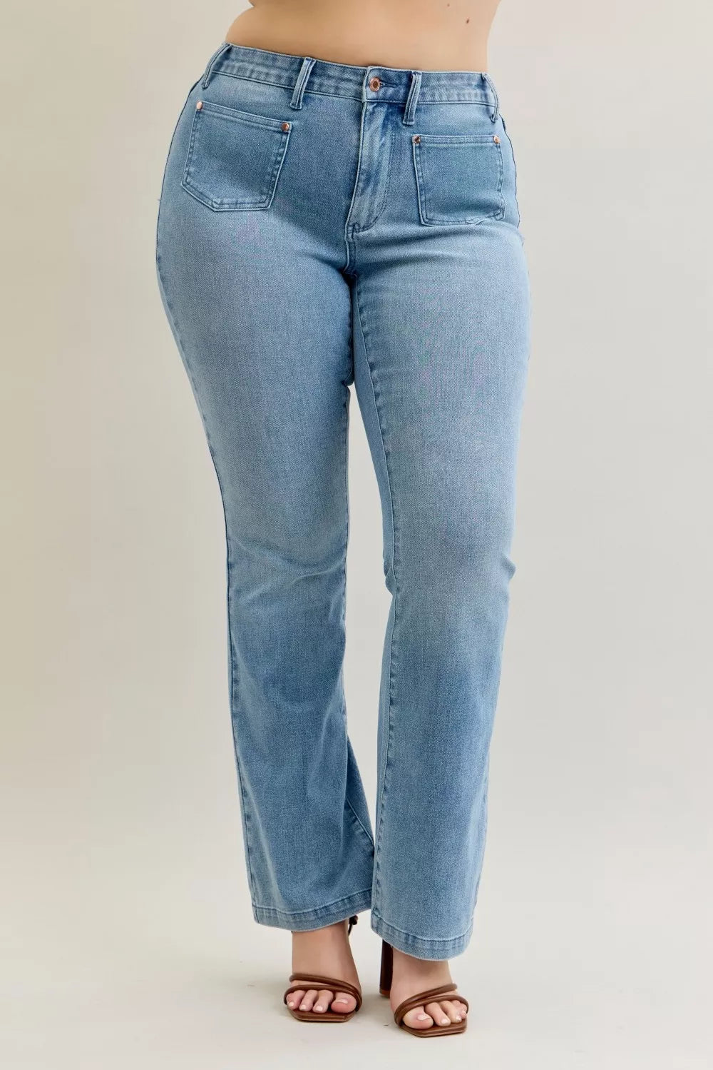 Full Size Mid Rise Bootcut Jeans with Contrast Wash & Front Patch Pockets Plus Size