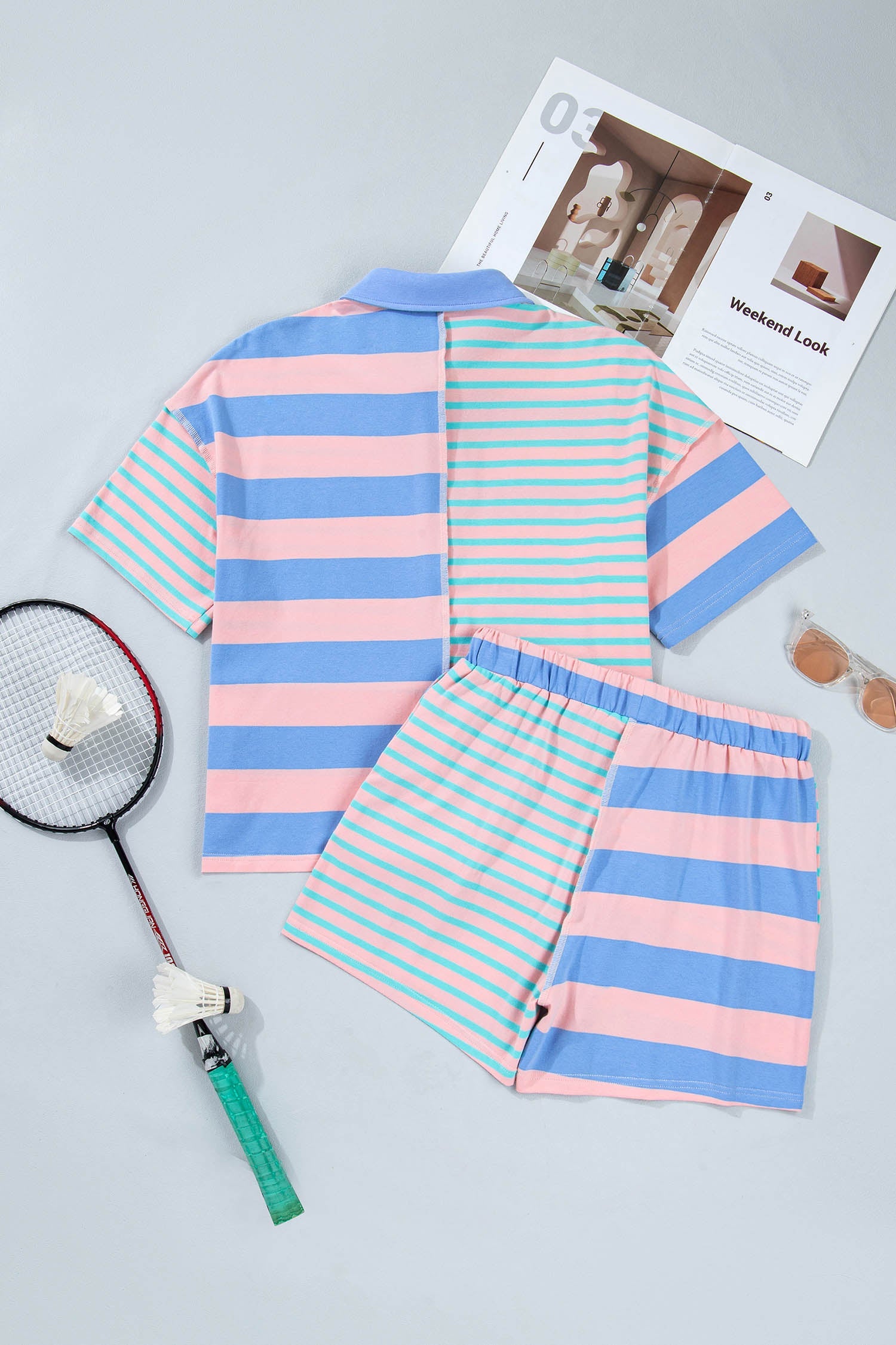 Pink Stripe Exposed Seam Mixed Patchwork Loose Short Set - Loving It Shop