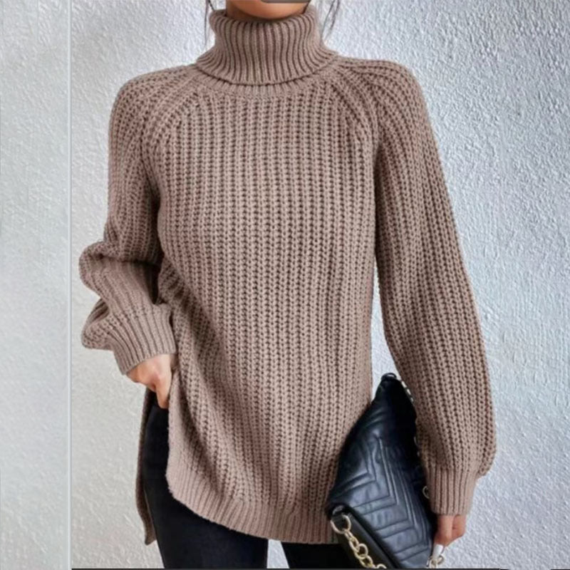 Turtleneck Pullover Sweater With Split Design Fashion Simple Solid Color Long Sleeve Tops Women&