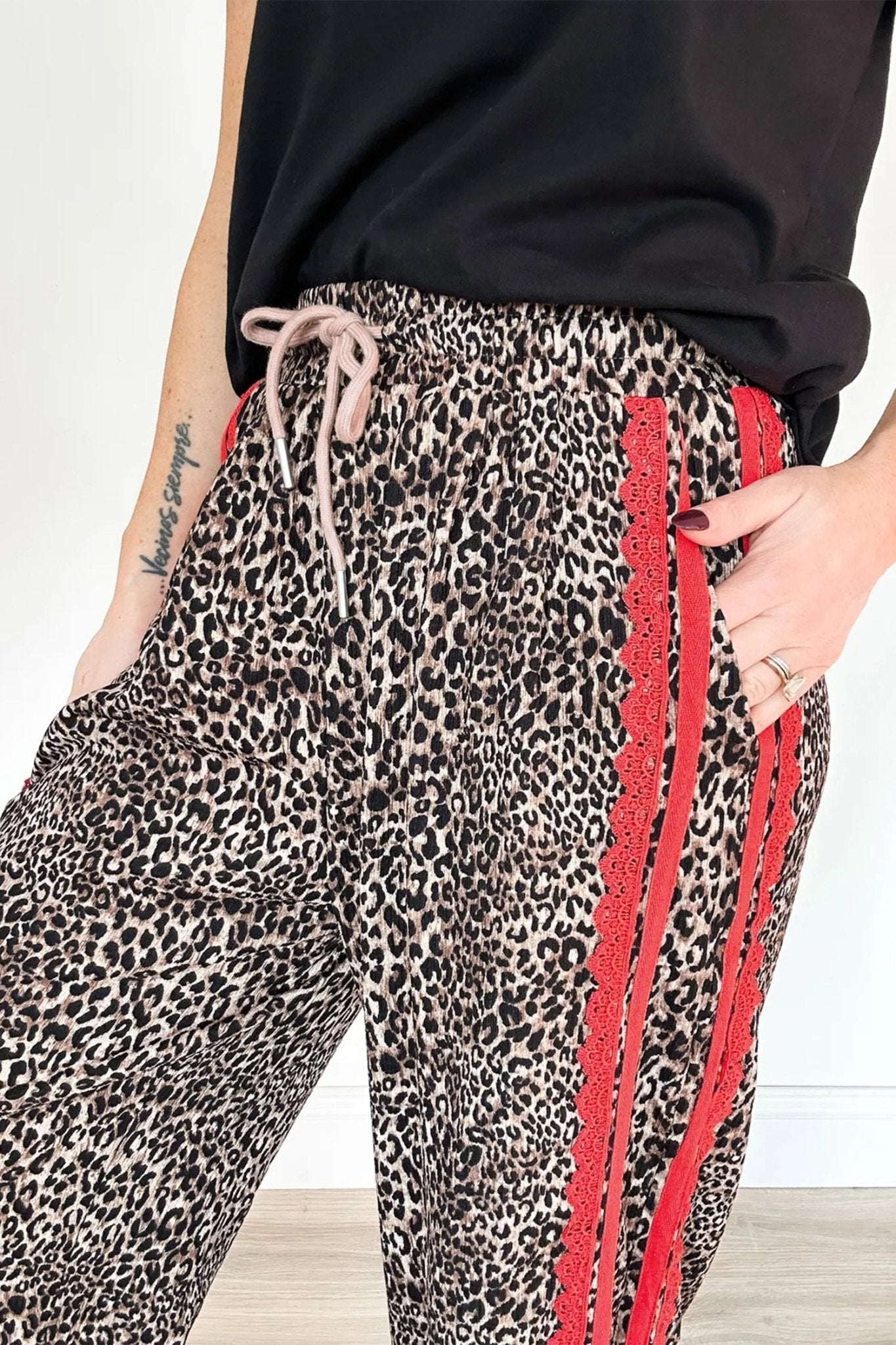 Brown Wild Leopard Print Contrast Lace Striped Detail Drawstring Pants - Loving It Shop