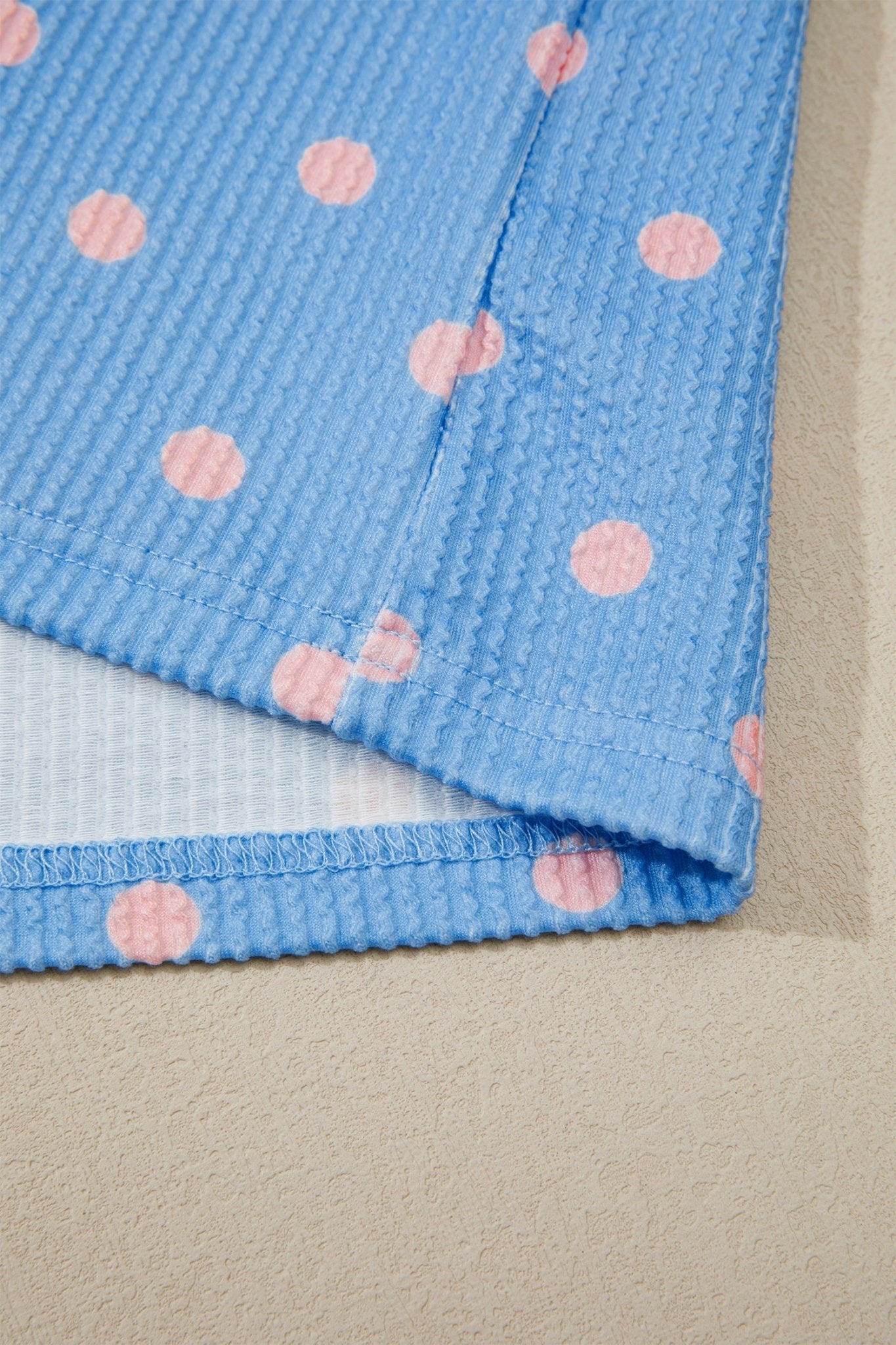 Sky Blue Raised Rib Polka Dot Print Cuffed Short Sleeve Top - Loving It Shop