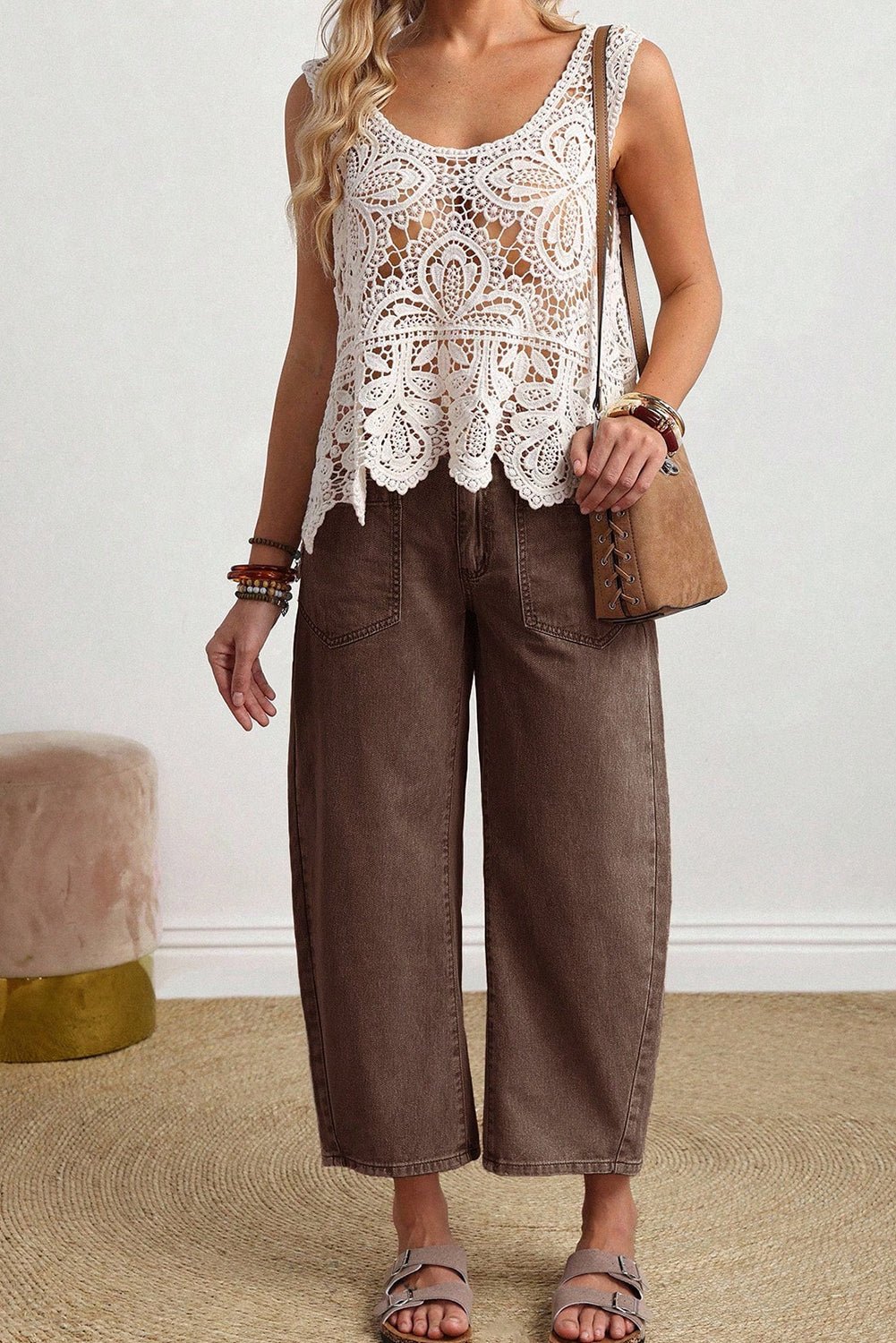 Coffee Solid Color Square Patch Pocket Ankle - length Barrel Jeans - Loving It Shop