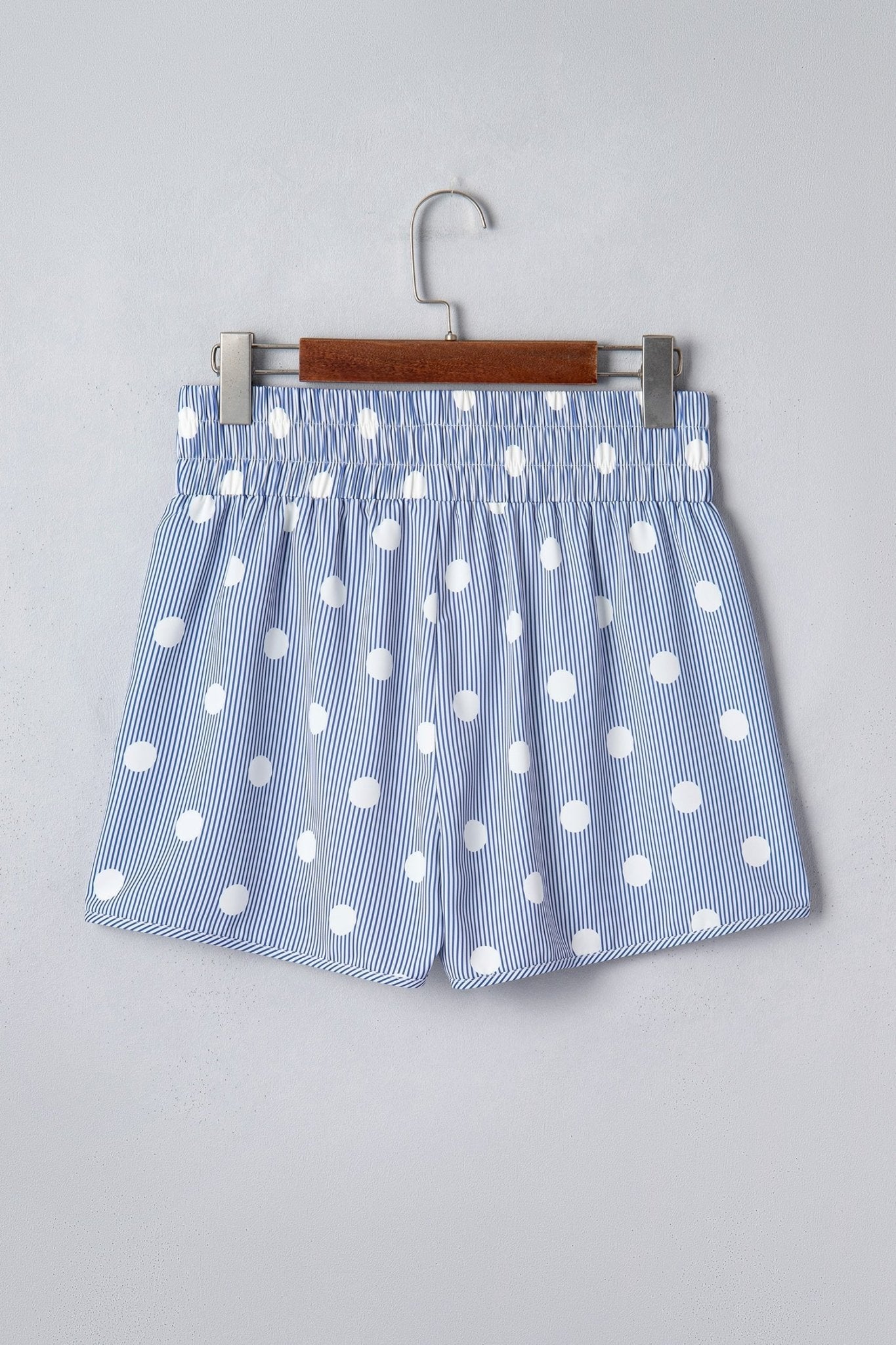 Sky Blue Polka Dot Print Shirred High Waist Casual Shorts - Loving It Shop